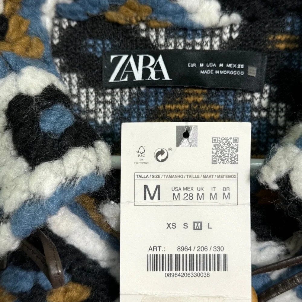 Zara Blue Black White Brown Geometric Toggle Teddy Coat - Picture 9 of 16